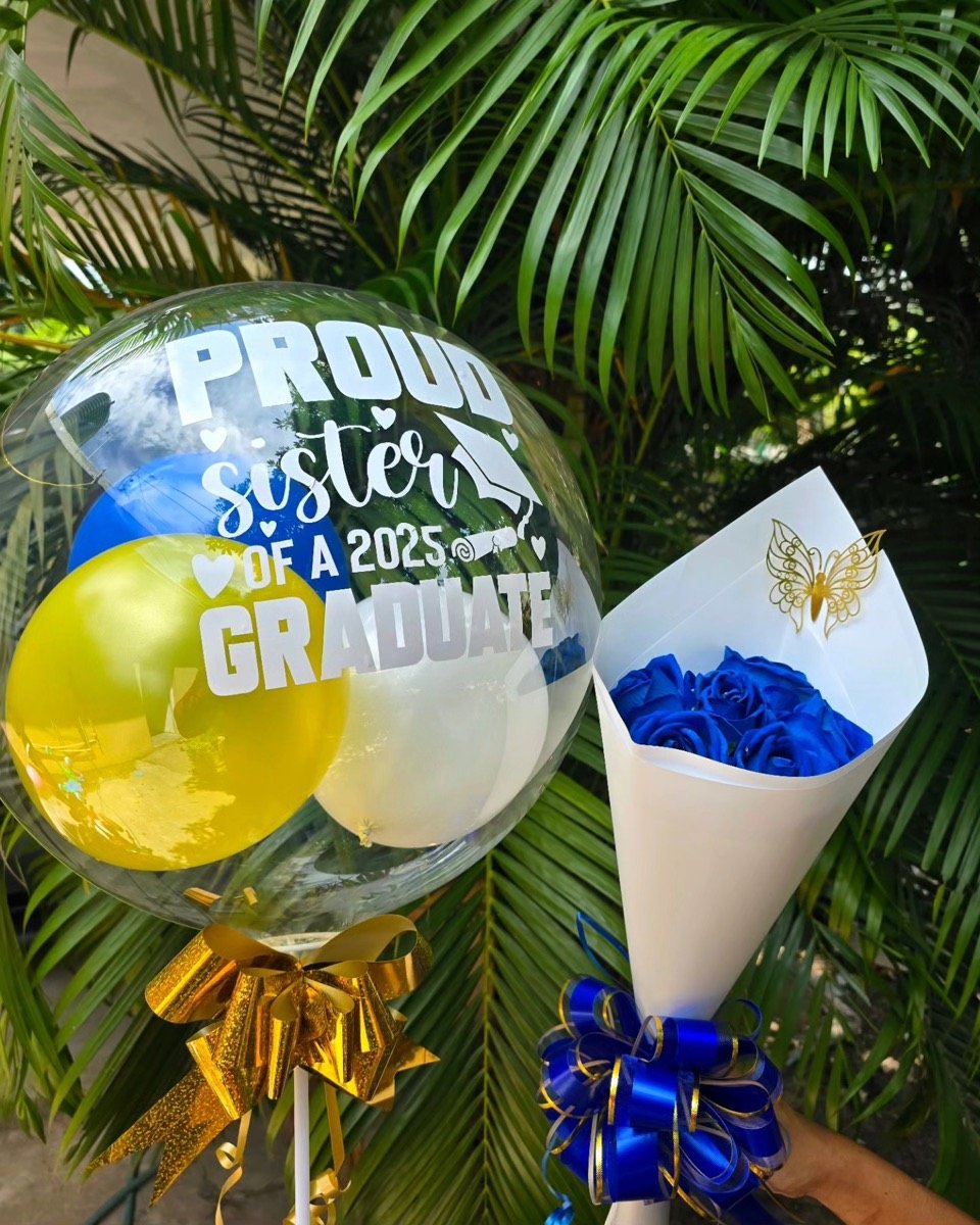 Graduation balloon and flower bouquet combo for Kingston Jamaica delivery by Petal Panache