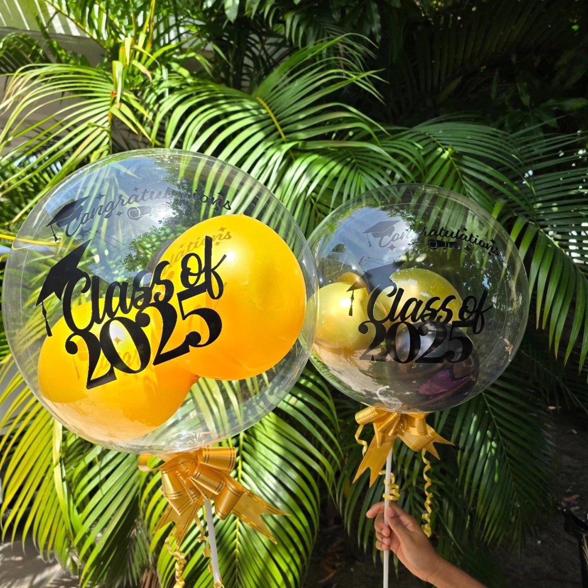 Custom graduation balloon bouquet with name and school for Jamaica graduation gifts by Petal Panache